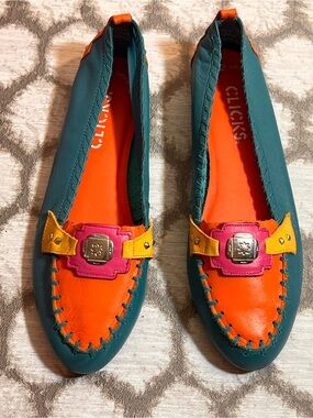 CLICKS Y2K Women’s Teal & Orange Leather Slip-On Loafers with silver accent